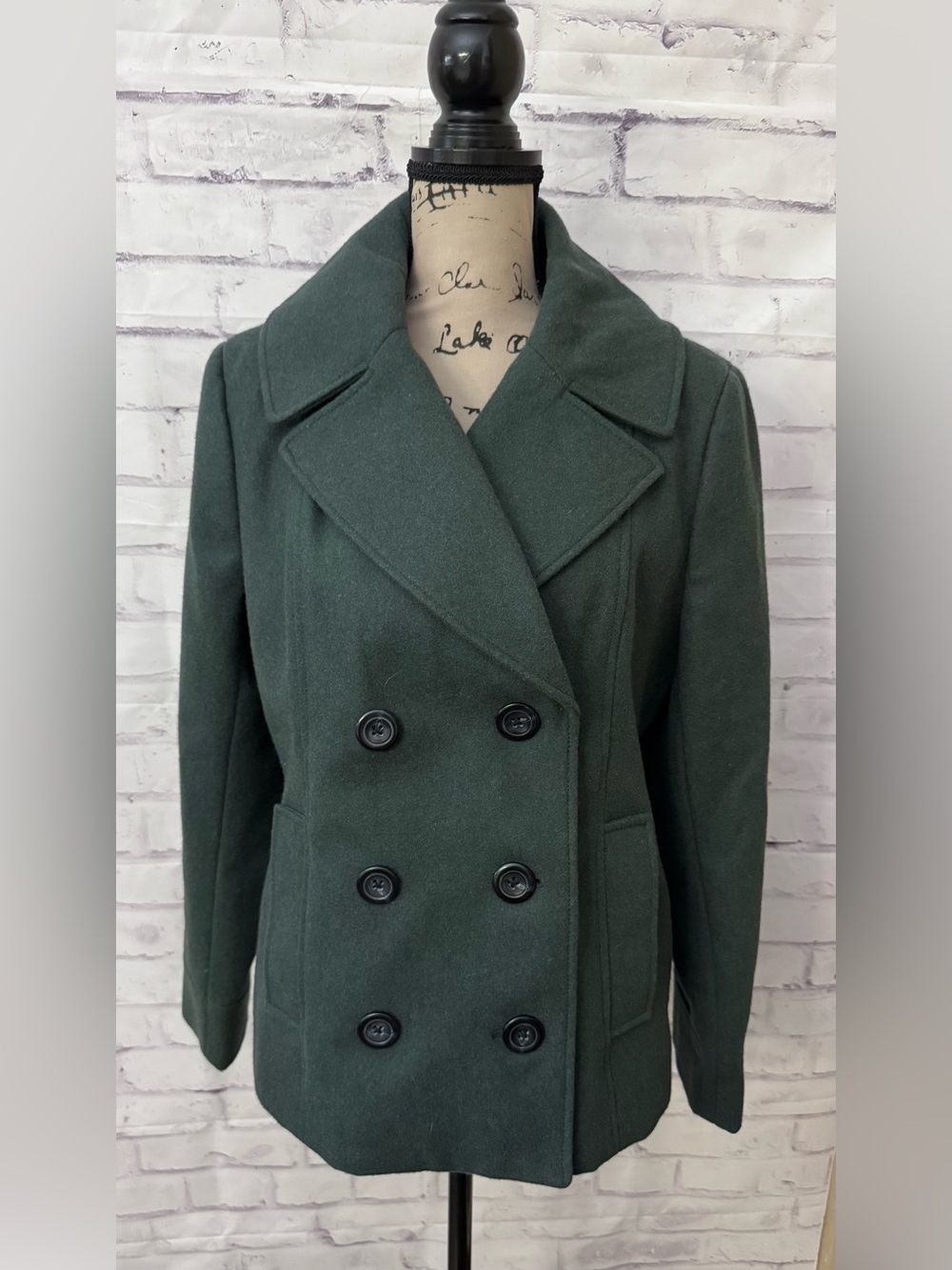 Merona Women’s L Double Breasted Wool Blend Green Pea Coat Jacket Preppy